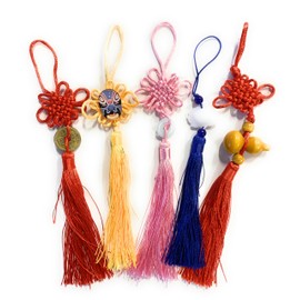 Set of 5 Chinese New Year Tassel Pendant Wall Hanging Decorations Lucky Knot Fengshui - Opera Face, Lotus, Jade Charm, Gourd, Bag Charm Gift