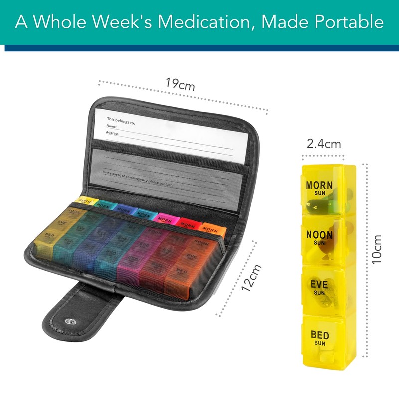 Tabtime Black Pill/Tablet Wallet, Weekly 7 Day Pill Box Organiser