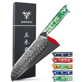 SANMUZUO Santoku Knife - 7 inch - Xuan Series - VG10 Damascus Steel Kitchen Knife - Resin Handle (Jade Green)