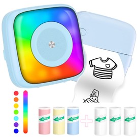Sticker Printer Print Pod with 6 Rolls Sticker Paper, Seven Color Lighting Modes for DIY Scrapbook, Travel, Notes, Label, Memo, Compatible with iOS&Android