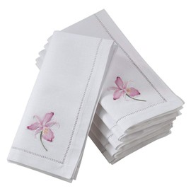 Fennco Styles Embroidered Fuchsia Orchid & Hemstitch 100% Cotton 20 Inch Square Dinner Napkins, Set of 4 – White Elegant Cloth Napkins for Family Dinners, Wedding Parties, Home Décor