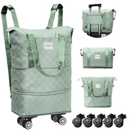 WOOMADA Expandable Foldable Rolling Duffel Bag with Wheels, Detachable Rolling Backpack Weekend Bag for Travel, Business, Camping, Gift for Parents, Spouse(green checkerboard)