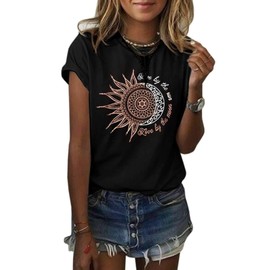 MaQiYa Womens Graphic Tees Summer Short Sleeve Cotton Moon and Sun Printed T Shirts Tops (Medium,Black)