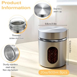 Xelsluthe 8 Pcs Stainless Steel Containers with Lids and Window Glass, 20 Oz Food Storage Jars Airtight Kitchen Canisters Set with Clear Window for Coffee Sugar Tea Candy Flour Spices Kitchen Pantry