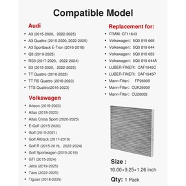 Puroma Cabin Air Filter with Activated Carbon, Replacement for CF11643, Compatible with A3/Q3/S3/TT Quattro, Atlas, GTI, Golf, Jetta, Tiguan