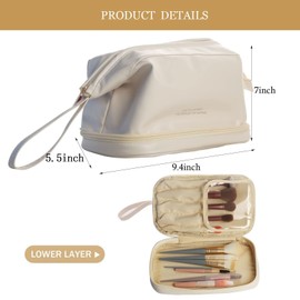 jioko Large Makeup Bag Travel Essentials, Cosmetic Travel Bags, Leather Make Up Toiletry Bag for Women, Makeup Bag Organizer Double Layer, White