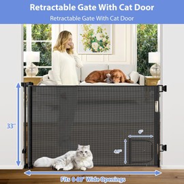 Retractable Baby Gates with Cat Door 80" Wide Retractable Dog Gate with Pet Door Outdoor Retractable Gate for Dogs Retractable Pet Gate with Door Mesh Baby Gate Retractable Mesh Dog Gate (Black)