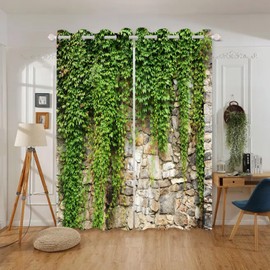 Umpoo Green Ivy Leaf Blackout Curtains Leaves Plants Rustic Stone Wall Spring Scenery Curtain for Living Room Bedroom Home Decoration Window Drapes Fabric Set of 2 Panels, 52x72 Inch