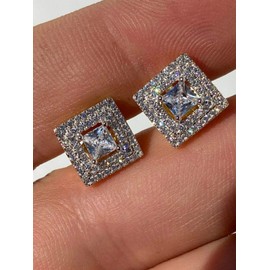 Real Solid 925 Sterling Silver 14k Gold -Square Baguette Kite Earrings - Iced CZ 10mm (3/8") Earrings Screw Backs - Flooded Out Aretes