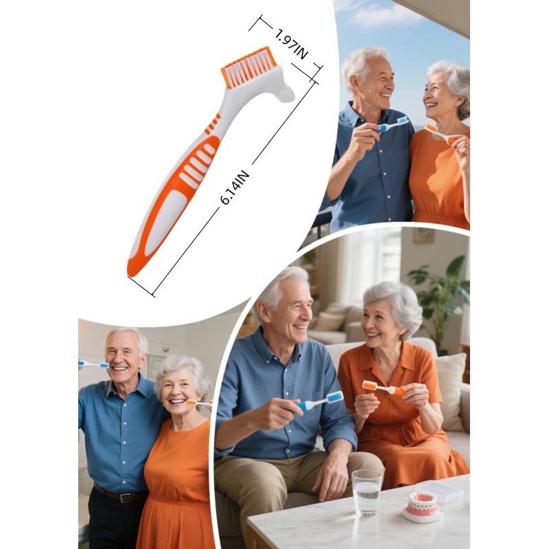 Denture Cleaning Brushes 2-Pack with Dual-Angle Heads - Soft Nylon