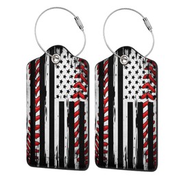 2 Pcs Luggage Tags for Suitcase, Cute Unique PU Leather Travel Bag Tag with Privacy Cover ID Label Address Card and Durable Metal Ring Suitable for Men Women Backpack (Baseball American Flag)