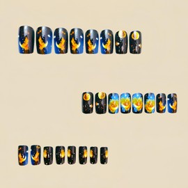 Press on Nails Medium Length Black Starry Sky Design Acrylic Nails Gold Moon Stars False Nails Full Cover Stick on Nails Stars Ball Fake Nails Artificial Coffin Nails Acrylic Glue on Nails for Women