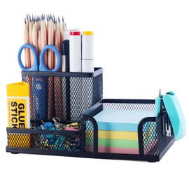 M&G M&G Mesh Pen Holder Desk Organizers Pencil Holder for Desk Black, 3 Compartments Metal Office Supply Organizer with Sticky Notes Holder for School Home Office