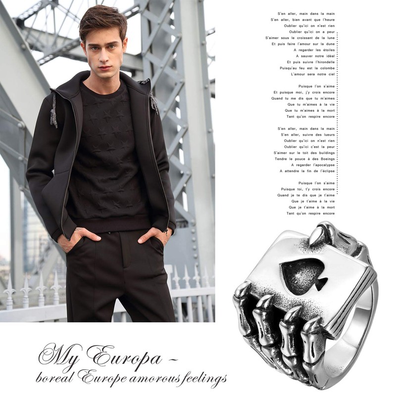 Oidea Men's Stainless Steel Ring, Gothic Ghost Hand Skull Poker