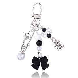 Aesthetic Cute Y2k Keychain Charm Purse Backpack Bag Charm Novelty Y2k Bow Keyring Black Y2k Aesthetic Accessories Pearl Heart Keychain Clip Sweet Metal Silver Key Chain for Car Keys