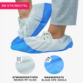 50 x ARNOMED Disposable Shoe Covers, Blue/White, Overshoes with Waterproof Sole, Reusable CPE + PP Covers, Extra Strong, Shoe Protection Cover, Non-Slip, 17 x 40 cm, Tear-Resistant Overshoes for