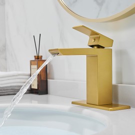 RUMOSE Brushed Gold Bathroom Faucets Set with Pop Up Drain Single Handle Bathroom Sink Faucet 1 & 3 Hole Waterfall Spout Vanity Faucet Kit with Deck Plate RV Lavatory Basin Faucet, Stainless Steel