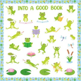CPicdn 112Pcs Back to School Green Frog Bulletin Board Classroom Decoration Leap into a Good Book Frog Cutouts Name Tags Boarder Trim Back to School Party Supplies Classroom Chalkboard Wall Door Decor