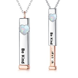 Lypic Be Kind Of A B Necklace 925 Sterling Silver Hidden Message Necklace for Women 3D Vertical Bar Pendant Necklace Olivia Jewelry for Women (White Opal)