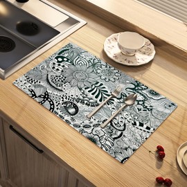 Artbloss Dish Drying Mat Bohemian Absorbent Coffee Mat Rubber Backed Paisley Moroccan Soft Silicone Kitchen Dish Draining Mat for Kitchen Bathroom Coffee Bar (Black White, 12 x 16 Inches)