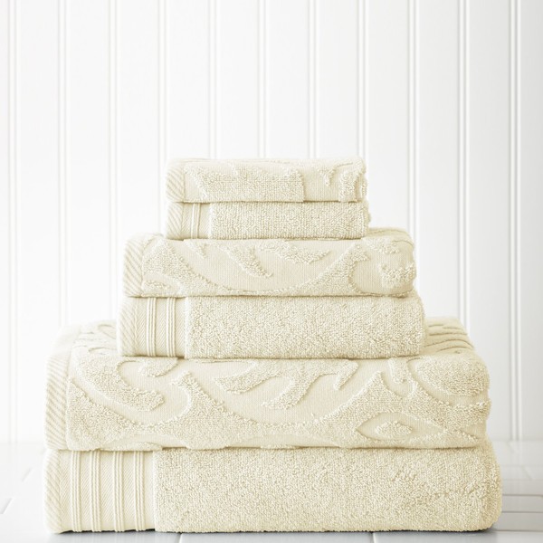 Modern Threads 6-Piece, 2 Bath Towels, 2 Hand Towels, 2 Washcloths, Medallion Jacquard/Solid Ultra Soft 550GSM 100% Combed Cotton Towel Set Ivory