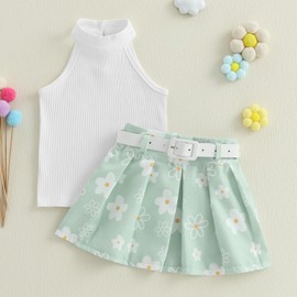 Aifawile Toddler Baby Girl Summer Clothes Sleeveless Knit Vest Top Floral Pleated Mini Skirts Set Kids Summer 2Pcs Outfits (01- Green, 2-3T)