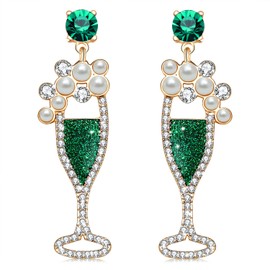 NVENF Champagne Wine Glass Earrings for Women Glitter Rhinestone Champagne Flute Earrings Pearl Beaded Dangle Drop Earrings for Party Holiday Celebration Gifts (Green)