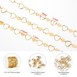 KYUNHOO 4 Meters Heart Chains for Jewelry Making Gold Plated Stainless Steel Chain Bulk on Spool for Women Make Crafts with Lobster Clasps Jump Rings