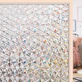 Window Privacy Film Antique Frosted Stained Glass Window Cling: 3D Rainbow Decorative Prism Sticker Non-Adhesive Bathroom Static Sun Blocking Home Iridescent Door Coverings (Pure, 11.8 x 78.7 Inch)