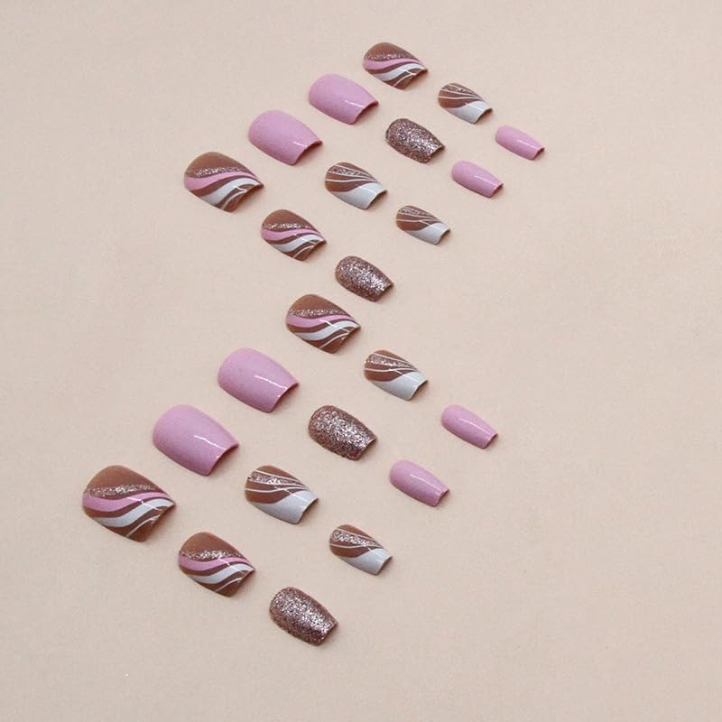 24pcs Short Square False Nails Glitter Sequins Stick on Nails