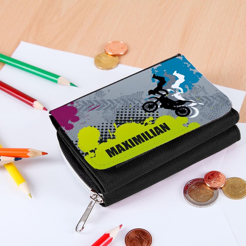 Striefchen® Children's Wallet with Name, Motocross, Black, black