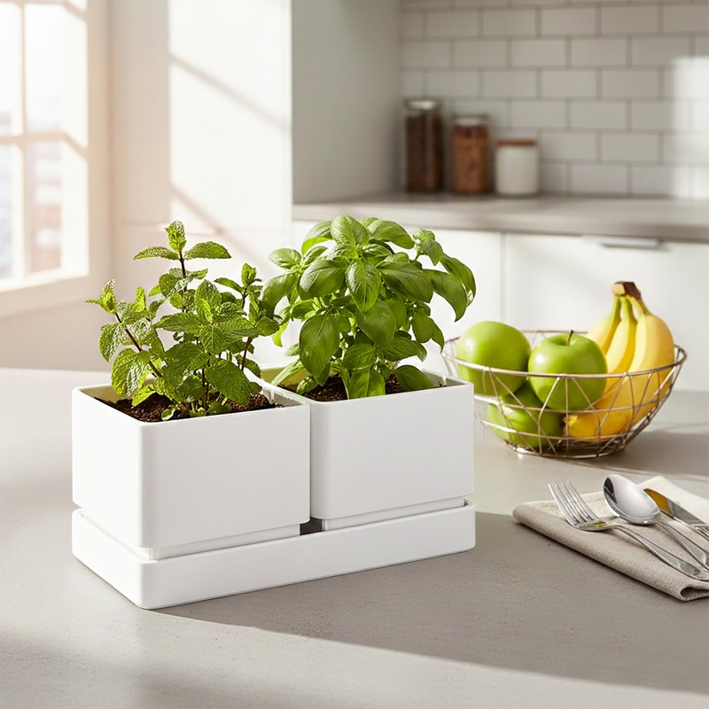 D'vine Dev Herb Garden Planter Set with Saucer, White, 76-Q-A-1