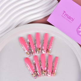 Tmani Juego De 10 Uñas Postizas Extralargas Hechas A Mano, Estilo Ballet, Cuadradas Y Largas, Con Purpurina De Diamante, Ideales Para Fiestas Y Cumpleaños (440, Talla M)