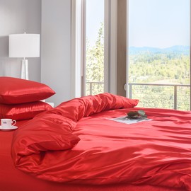 ROOEE Silk Satin Duvet Cover with Pillowcases Bedding Set for Single Double King Size Bed Easy Care Luxury Ultra Soft Quilt Cover (RED, King)