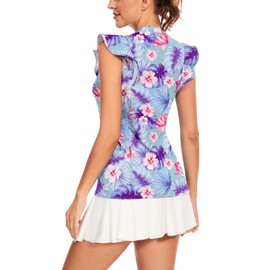 Soneven Womens Petal Sleeve Golf Shirts Moisture Wicking V Neck Athletic Workout Tennis Tops Quick Dry Golf Clothes(135-Blue | Colorful Leaves 3, X-Large)