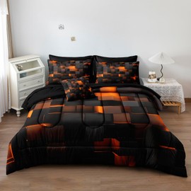 Herside Solid Geometric Queen Size Comforter Set with Sheets,8 Pcs Orange Black Queen Bed in a Bag Set,Gradual Change Honeycomb Quilt Set,Modern Square Texture Luxury Bedding Set for All Season