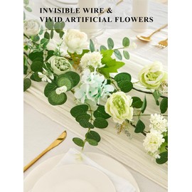 MISSPIN 5.9Ft Eucalyptus Garland with Flowers, Artificial Fake Flower Greenery Spring Garland for Baby Shower Wedding Mantle Table Centerpiece Spring Decor