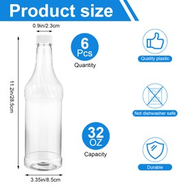 Boocalny 6 Pcs 32oz Plastic Long Neck Bottles with 6 Pcs Pourer and Caps,1000ml Plastic Juice Pour Bottles with Stainless Steel Bottle Pourer,Clear Empty Syrup Liquor Bottle with Tapered Spout for Bar