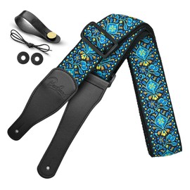 BestSounds Guitar Strap, Jacquard Embroidered Cotton Straps with Genuine Leather Ends Shoulder Strap for Bass, Acoustic, Electric Guitar (Retro Teal)