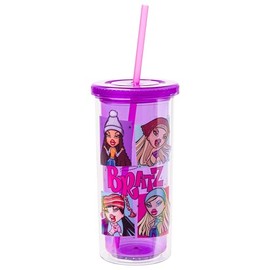 Silver Buffalo Bratz Four Square Logo Purple Plastic Tall Cold Cup with Lid and Straw, 20 Ounces