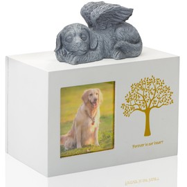 DiDiBirDi Pet Urn for Dog Ashes, Tree Pattern Wooden White Keepsake with Photo Frame, Memory Box with Resin Animal Statue and Sealed Storage Bags (75lbs)