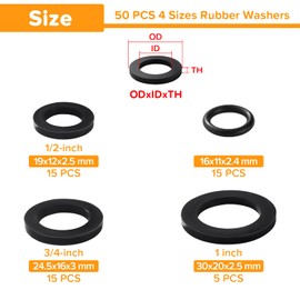 Lyeteung 50 Pieces 1/2 3/4 1 Inch Tap Repair Washer Kit, Rubber Flat Washer, O-Rings Sealing Rings, for Shower Head Taps Hoses