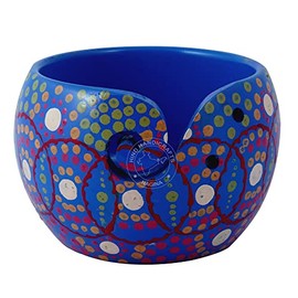 Hind Handicrafts Premium Solid Dark Hand Painted Crafted Wooden Portable - Antique Yarn Storage Bowl - Holder for Knitting Crochet Hook Accessories (6" x 6" x 4", Blue)