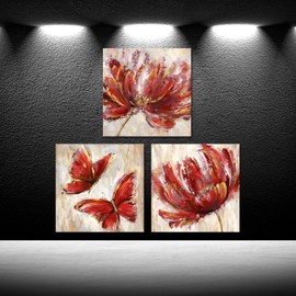 iKNOW FOTO 3 Pieces Teal Flower and Butterfly Canvas Prints Floral Oil Painting Gold Blue Wall Art for Bathroom Bedroom Ready to Hang Each Size 12x12 Inches (Red)