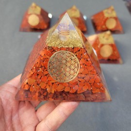 Harmoniekraft Orgonite Pyramid XL Large Red Jasper Jasper Flower of Life 90-95 mm According to Wilhelm Reich 390-415 gm Natural Gemstones