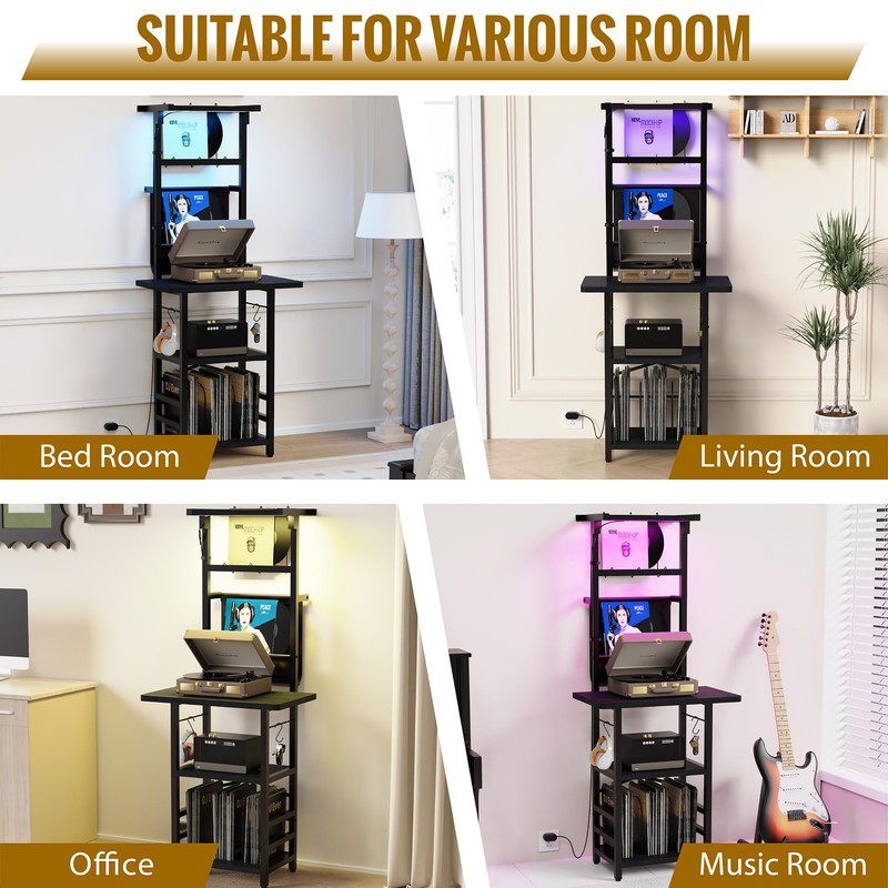 YAKANJ Record Player Stand with Led Light,Record Player Table with