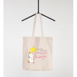 Moonworks® Shopping Bag with German Text "Ich bin jetzt fertig mit erwachsen werden lass und Einhörner sein Einhörner sein" [German Language] Moonworks® Natural with