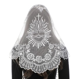 Bozidol Church Mantilla Catholic Veil: White Sacred Heart of Jesus Embroidered Lace Chapel Veils for Women Latin Mass Head Coverings