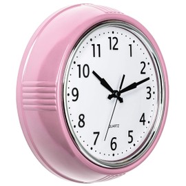 Bernhard Products Retro Wall Clock 12 Inch Pink Kitchen 50's Vintage Design Round Silent Non Ticking Battery Operated Quality Quartz for Home Office Baby Nursery Girls Room Classroom, Easy to Read