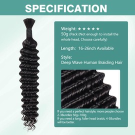 Human Braiding Hair 50g 20 Inch Deep Wave Bulk Human Hair for Braiding 1Bundle/Pack No Weft Human Hair Bundles for Braiding 100 Percent Human Hair Braiding Hair for Boho Braids Natural Color